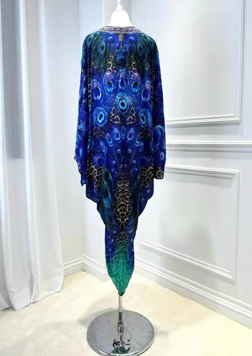 2024 Silk Dress V Neck Batwing Sleeves Blue Peacock Print Loose Long Step Dress