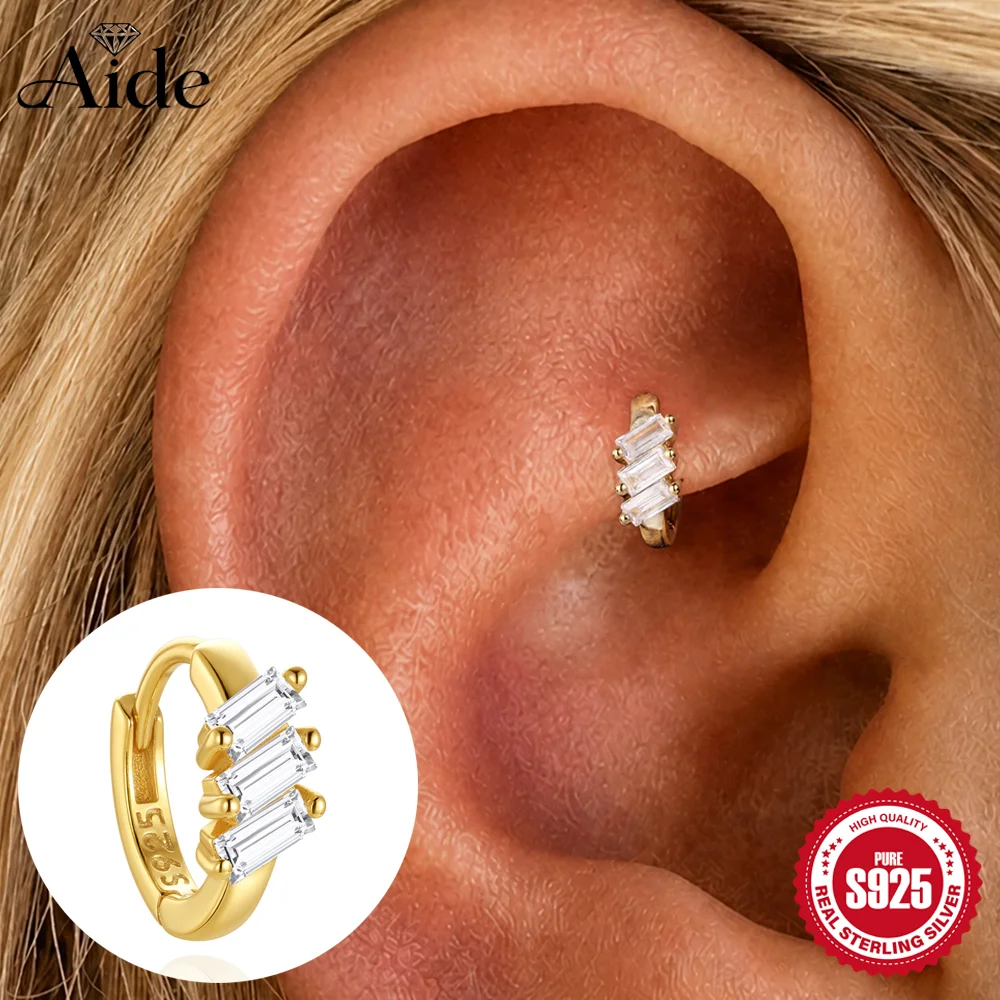 AIDE 1Pc 925 Sterling Silver Classic Rectangle CA Zircon For Women Cartilage Helix Flat Back Piercing Earrings Dainty Party Gift