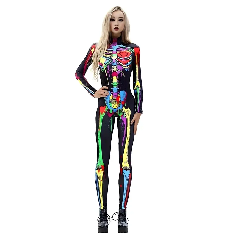 Damski szkielet modny kostium kolorowy nadruk szkielet body dziewczyny seksowny kostium na Halloween do odgrywania ról