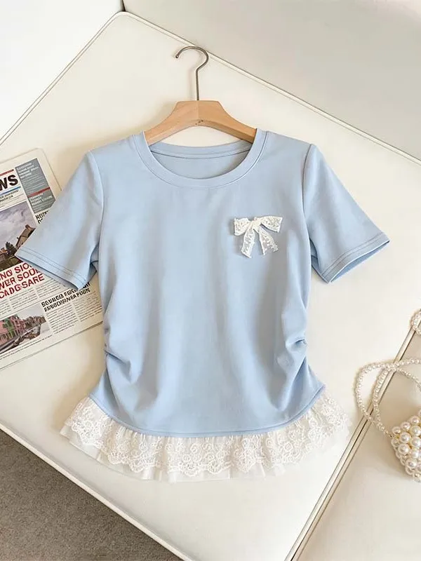 

Sweet Pure Style plus Size Summer T-Shirt Women's New Knot Short Sleeve Breathable Skin-friendly Korean Style Top