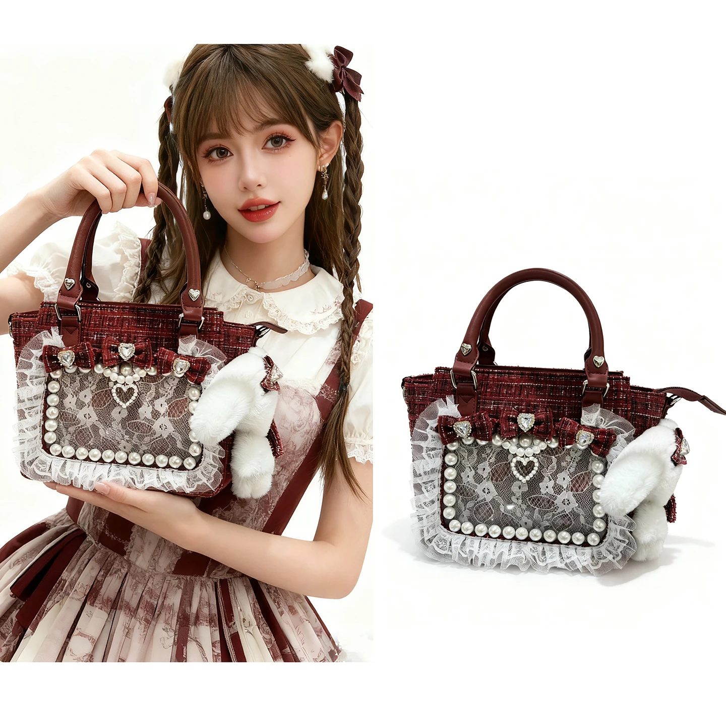 Japanese Lolita Lace Bow Bolsos Mujer Large Capacity Hand Bags for Woman Diamonds Tweed Bag Sac Femme Bolsas Original Bolso
