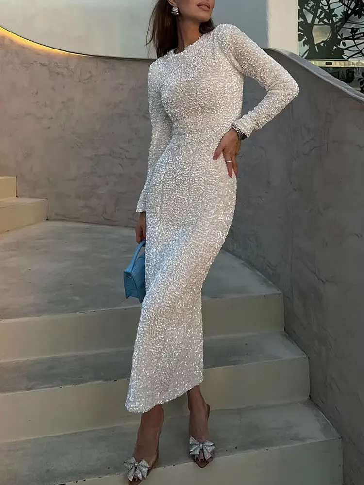 HH Autumn Party Dress Woman 2024 Trendy Solid O-Neck Long Sleeve Sequins Decorate Zipper Female High Street Long Dresses - Image 2