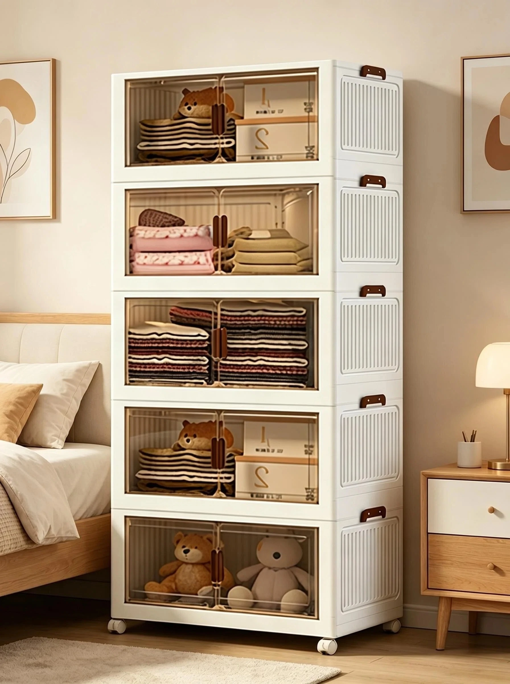 

1PCS-5layer foldable storage cabinet - spacious,stackable,multi-functional plastic storage cabinet with doors and wheels - easy to assemble,saves space,and is perfect for organizing the household in bedrooms,living rooms,kitchens, and for winter storage.