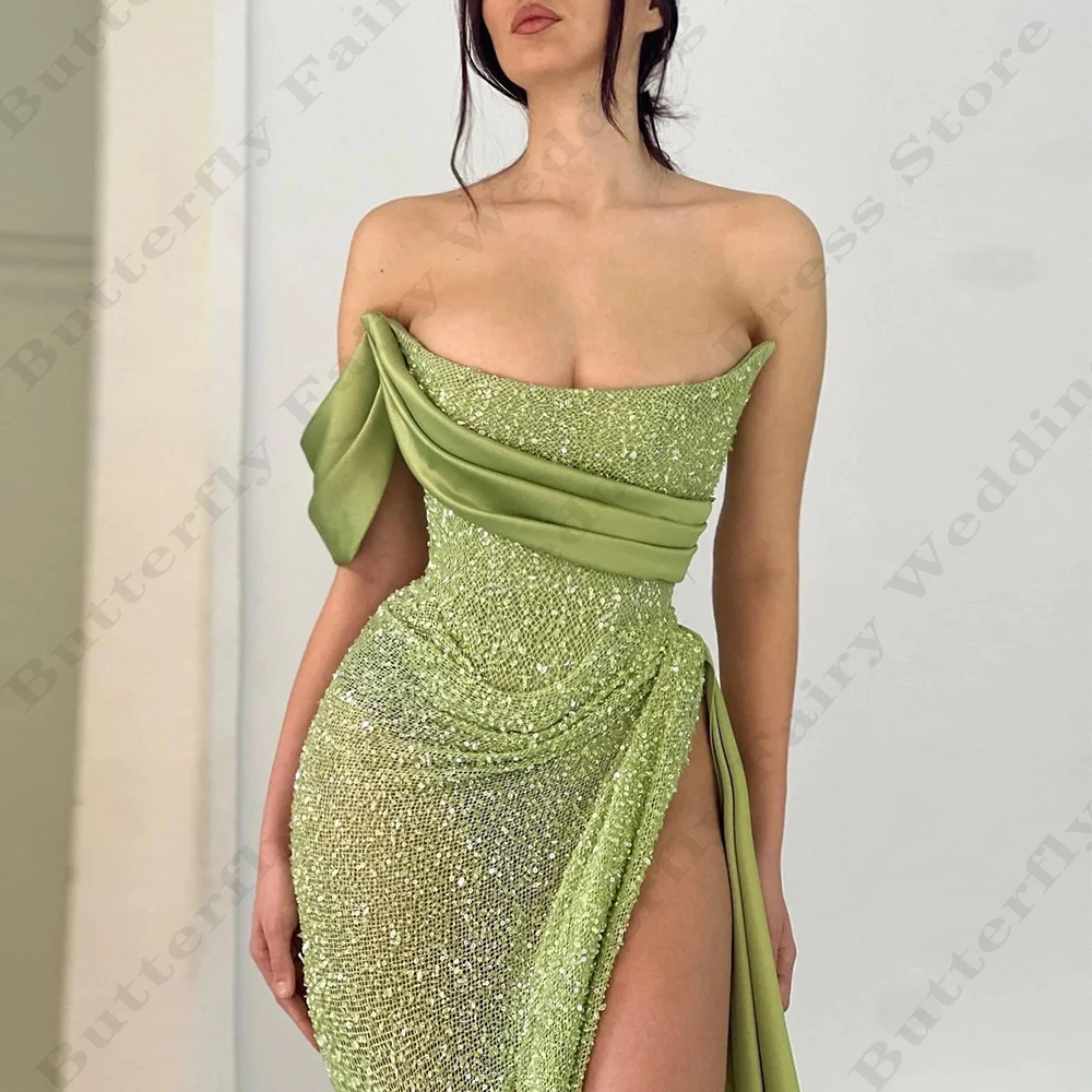 Sexy Mermaid Backless Evening Party Dresses For Women Luxurious Beading Off Shoulder Sleeveless High Split Mopping Prom Gowns