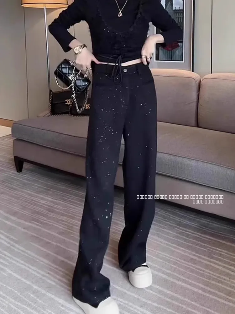 

Thiened Fce Women's Casual Pants High Waist Straight Leg iny Sequin ket Korean Sle Winter plus Size Slimming Trou...