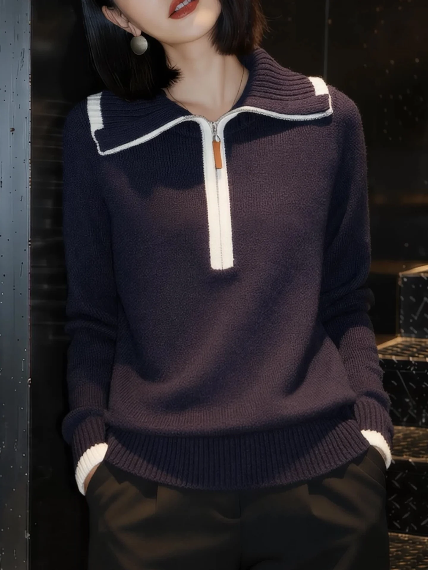 Design Sensation f Zip Color Blo Camere Knitwear Long Sve Women's Faionable Versatile Crew Ne Winter Top