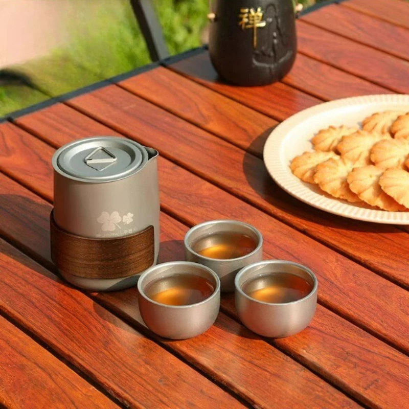 Tragbares Reise-Teeset aus Titanlegierung, Camping-Set mit doppelwandiger Teetasse, hitzebeständiger Topf, Outdoor-Wandern, Braumausrüstung, Geschenk