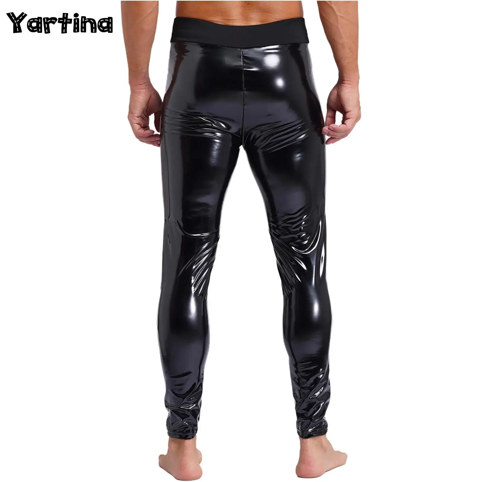 Mens Patent Leather Motor Biker Costumes Skinny Trousers Latex Long Pants Black Stretchy Leggings High Waist Wet Look Clubwear