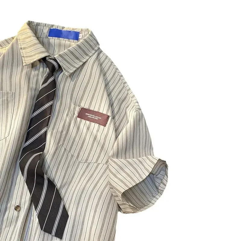 Retro American POLO collar short-sleeved shirt for men and women, summer casual couple versatile loose tie, half-sleeved y2k top