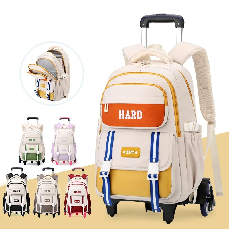 New Solid Color Girls Rolling Backpack Luggage with Wheels Schoolbag Elementary School Student Trolley Daypack Cute Bookbags