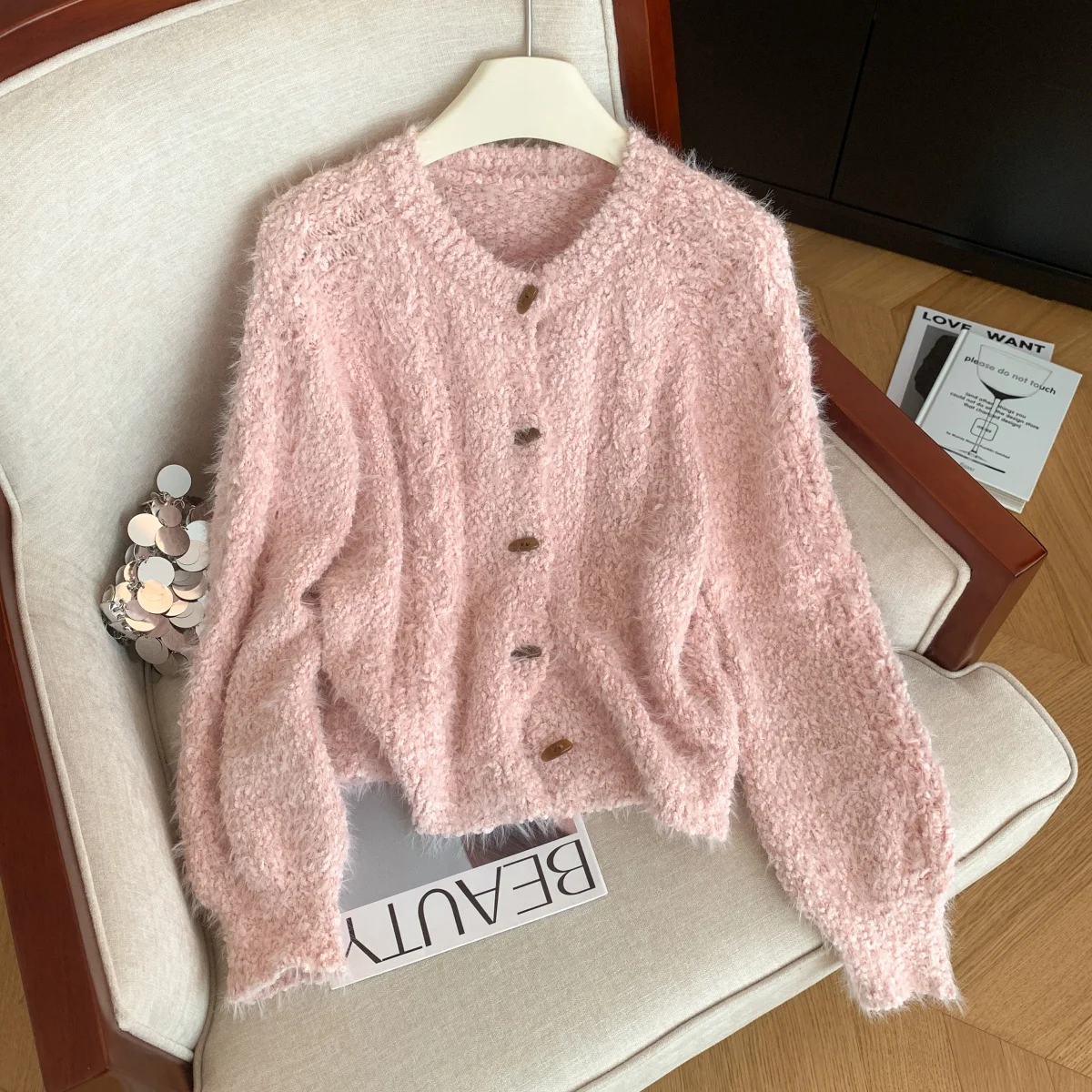 

Женский розовый кардиган, свитер из мохера, винтажный джемпер 2000-х годов Y2k, трикотаж, свитер с длинными рукавами, весенне-осенняя одежда Cutecore Shoujo