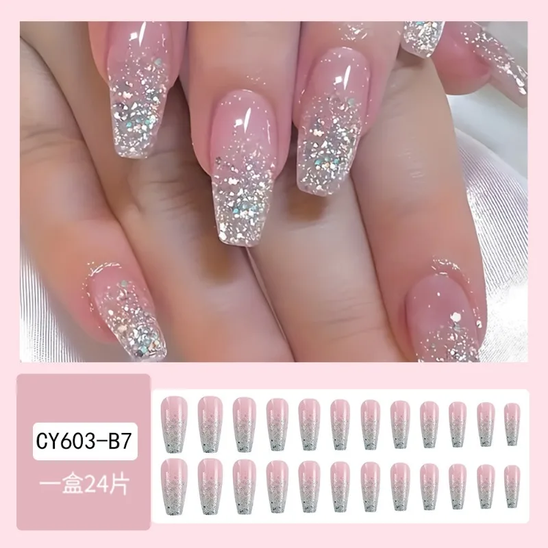 24 pz semplice rosa sfumato paillettes Presss on Nails lunga bara Charms unghie finte con colla acrilico unghie finte artificiali Set