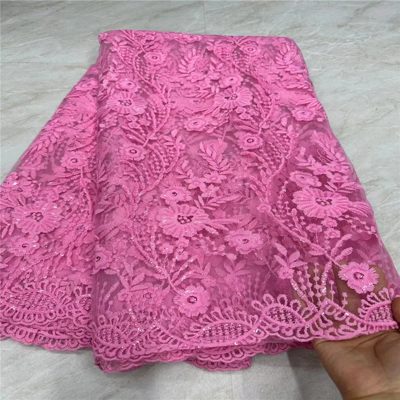 

Pink French Net Sequins Lace Fabric 2024 High Quality African Milk Silk 5 Yards Tulle Lace Fabric For Women Wedding Dresses