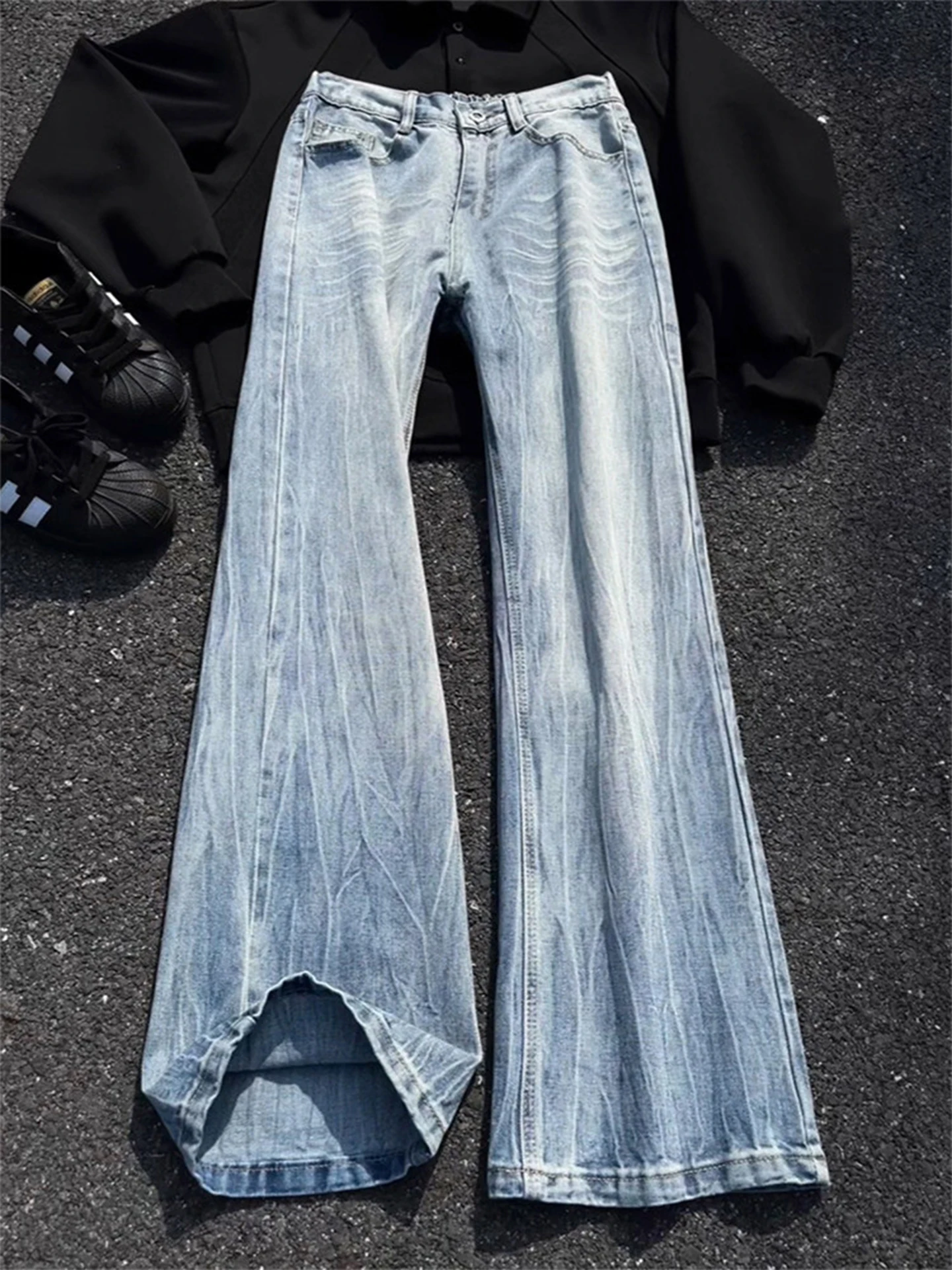 

Cleanfit Blue Lightning Pattern Bell Bot Men's Jeans American High Street Vibe Straight Leg Slimming Knife Pants