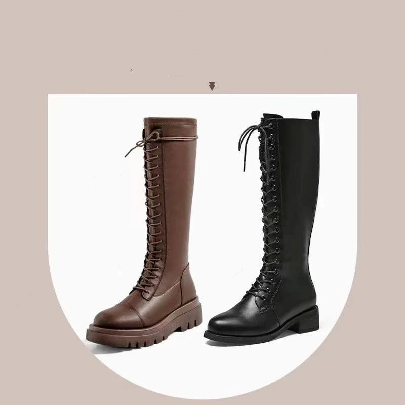 Bottes à lacets super longues sur mesure pour femmes, chaussures en cuir d'outillage, noir, allongé, extra long, ULronde cirée