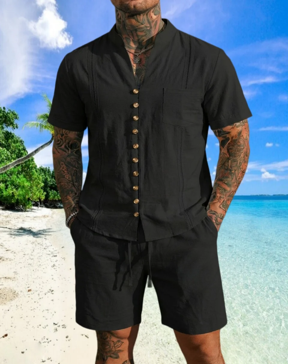 

Summer men's casual stand-up collar solid-color vintage short-sleeved shirt and breathable shorts set, sporty shopping outfit