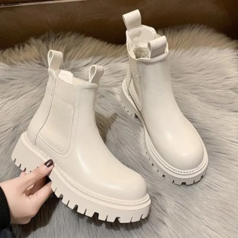 Winter New Women Boots Autumn Fashion Platform Chelsea Boots Women Slip-on Fur Short Chunky Heels Punk Gothic Warm Ankle Boots