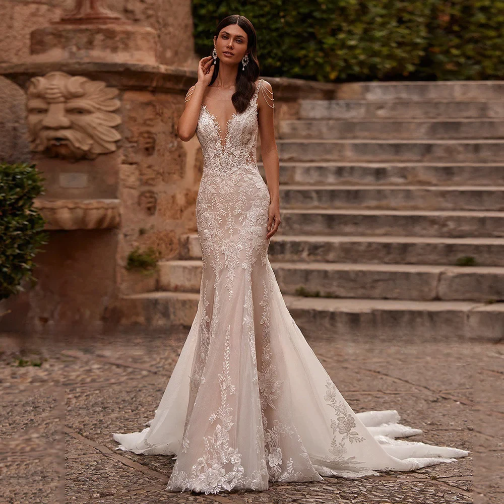 

Sequined Lace Wedding Dresses Pearls Scoop Neck Appliques Sweep Train Open Back Mermaid Bridal Gown For Bride Custom Made