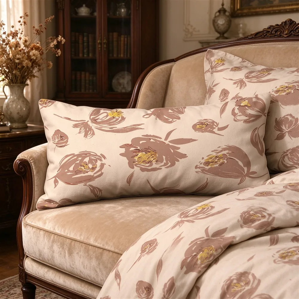 Blush Brown Vintage Peony Print Long Pillow Cover, Retro Style, Sitting Room Decorative, Polyester, Graduation Gift, Timeless