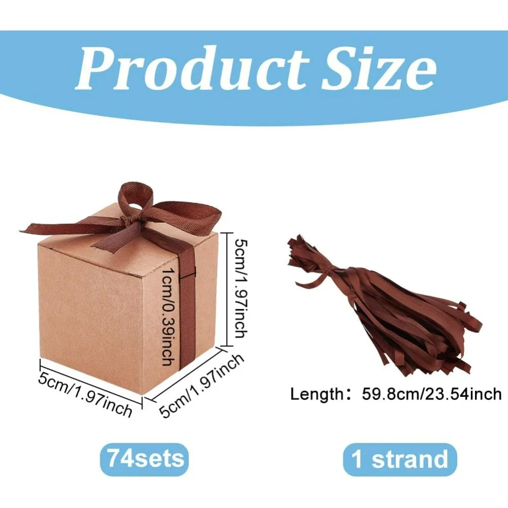 74 Packs Kraft Gift Candy Box with Brown Ribbon 2x2x2 Inches Small Gift Boxes for Wedding Decorations Birthday Party Supplies