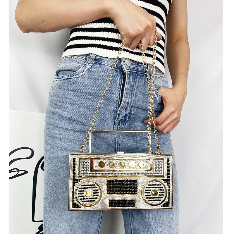 

Diamond Radio Shape Party Evening Clutch Bag for Wedding Luxury Metal Handle Designer Purse and Handbags Chain Shoulder Bag