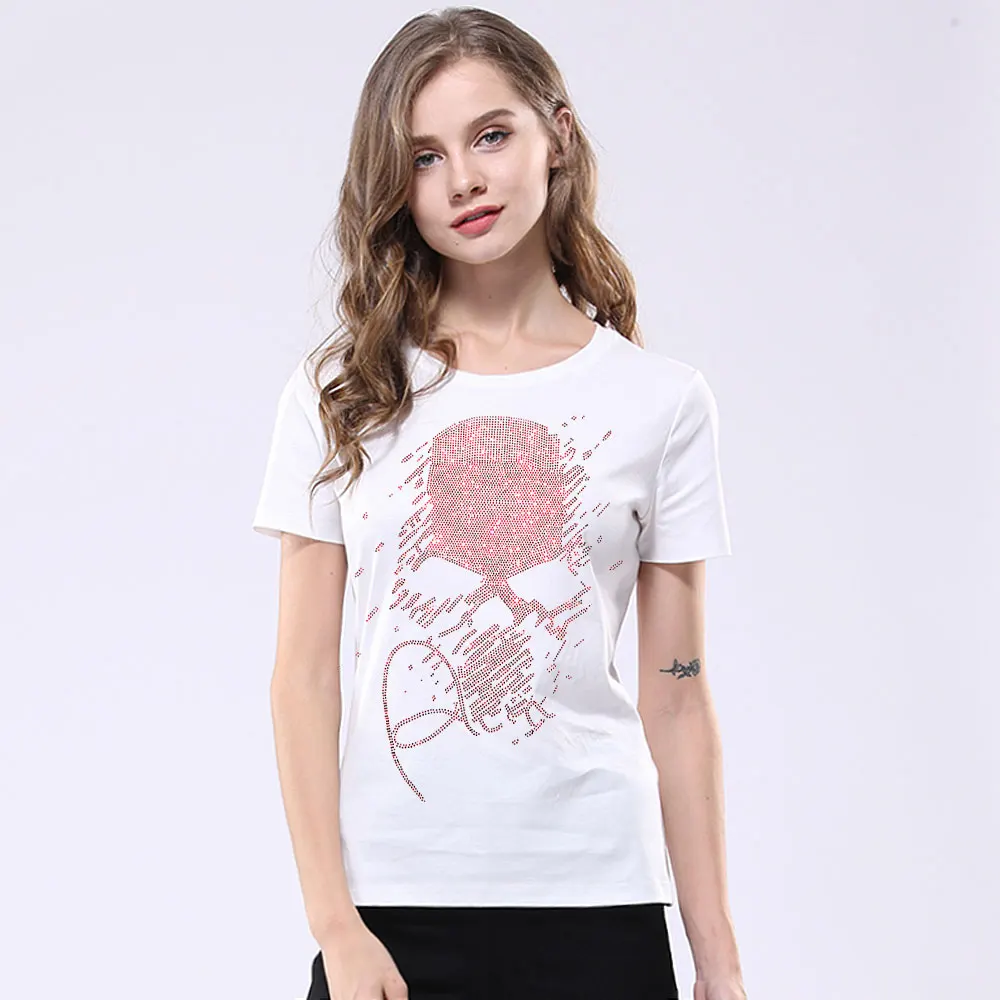 2024 Summer Women Cotton Short Sleeve T-shirt S-5XL Amazing Skulls Diamond Print Black T Shirts Ladies Tops Femme Clothing