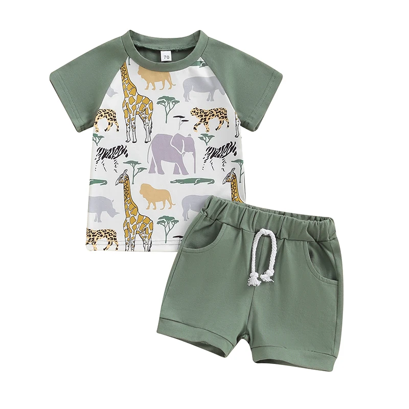 

VISgogo Baby Boys Summer Outfits Animal Print Short Sleeves T-Shirt and Elastic Shorts Set for 2 Piece Vacation Clothes Set