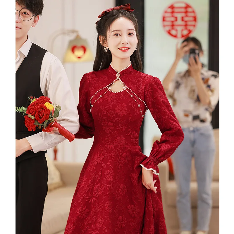 

Satin Bride Wedding Dress Sexy Long Sleeve A-Line Celebrity Banquet Dress Chinese Style Women Qipao Cheongsam Robe De Soiree