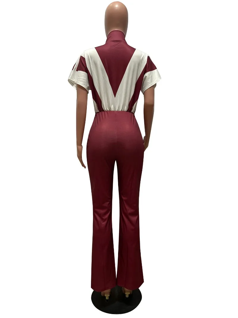 컬러 패치 워크 여성 캐주얼 점프 슈트 스탠드 칼라 반소매 지퍼 하이 웨이스트 플레어 바지 원피스 오버올 스트리트 로퍼