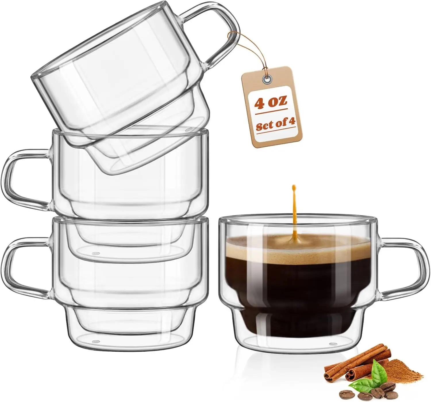 

4 oz Double Walled Espresso Glass Cups Set of 4, Stackable Heat-Resistant Borosilicate for Coffee Tea Milk Gifts