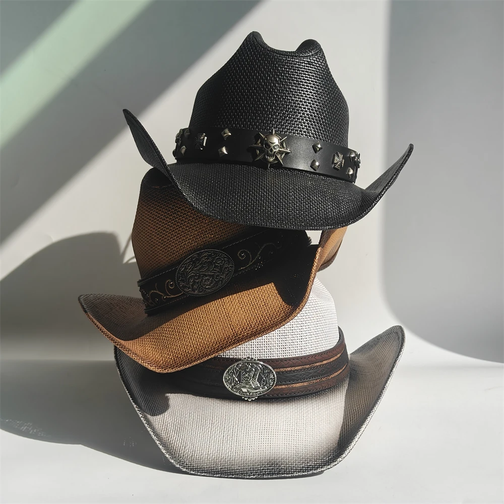 Gradient Western Straw Hat for Men's Women‘s Curled Edge Vintage Western Cowboy Hat Summer Beach Sun Hat Sombrero Hombre