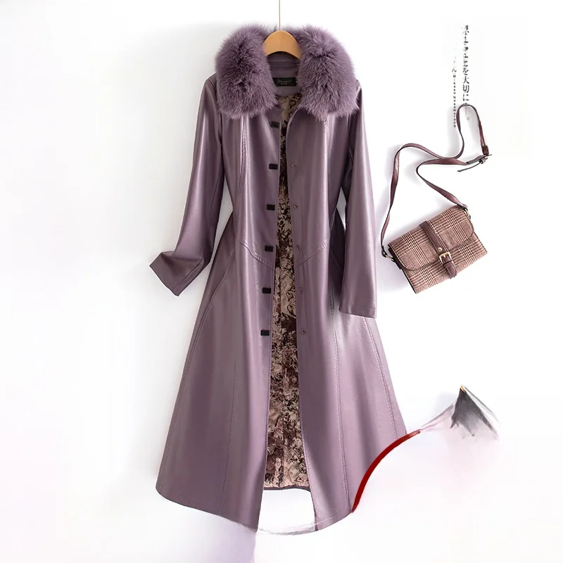 Frühling Herbst Neuer Verdickter Lammfellmantel für Damen, Mittellanger Slim-Fit-Mantel mit Pelzkragen, Pendler-Ledermantel