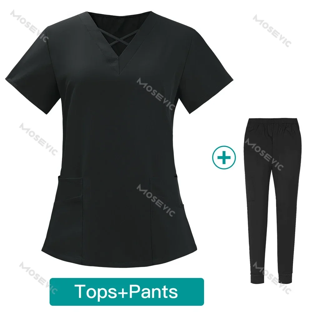 Women Wear Stylish Scrubs Sets Medical Suits Hospital Uniform Doctors Nursing Tops and Pant Suits Solid Color Surgical Uniforms