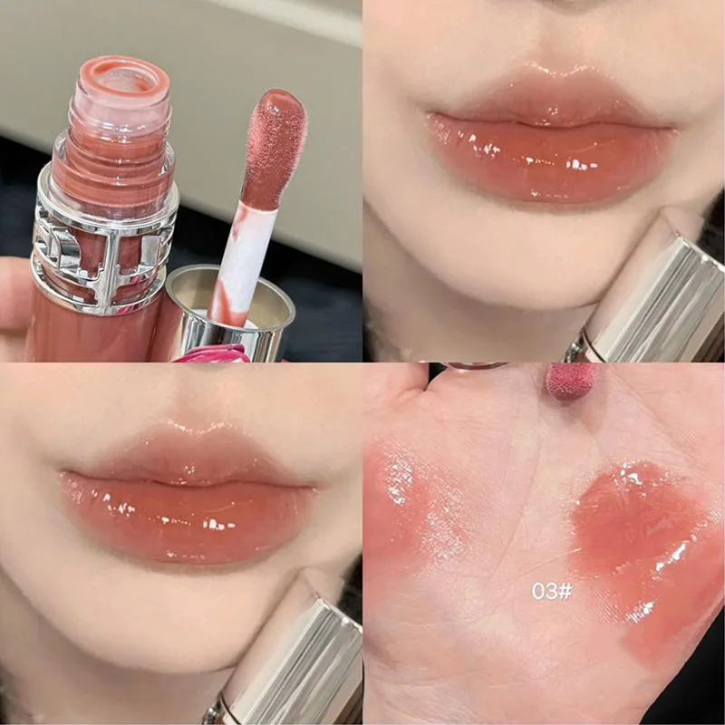 キラキラミラーリップグレーズ、水っぽい唇きらめく光水っぽいリップグロスメイクアップ6色、保湿保湿、長持ち