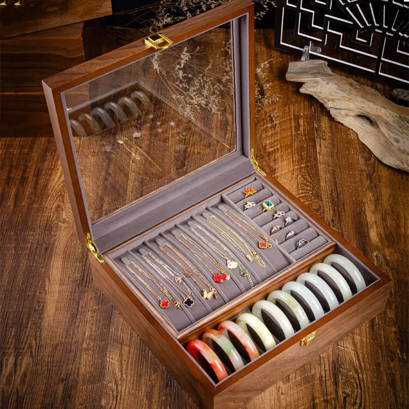 

Wooden Jewelry Box Organizer - Double Layer Tray with Soft Lining, Chinese Style Storage for Rings Earrings Necklaces