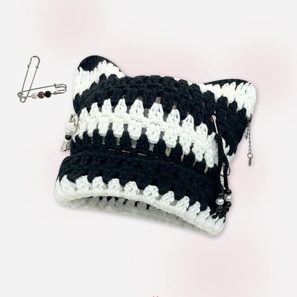 

Cute Cat Ears Beanie Hats for Women Winter Striped Korean Punk Gothic Y2K Wool Knitted Streetwear Handmade Crochet Bucket Cap