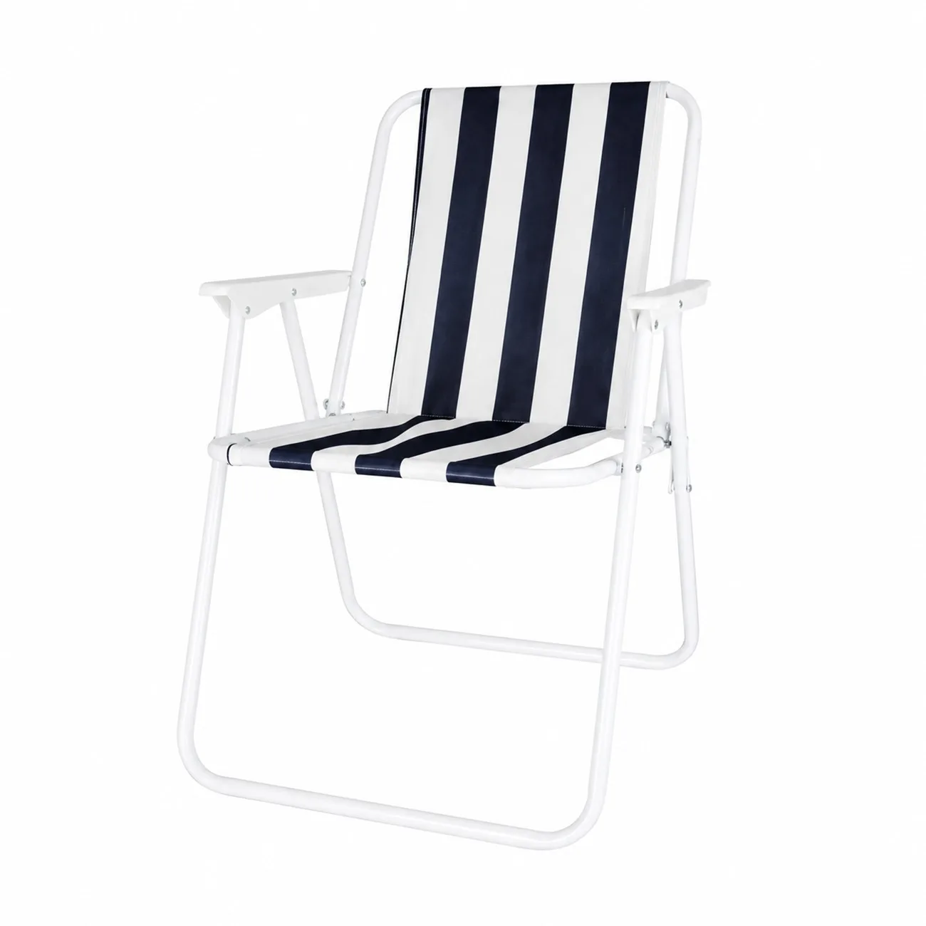 Chaise de plage pliante en aluminium et polyester, siège portable d'extérieur pour le camping et le jardin, design ergonomique avec accoudoirs, rayures bleues et blanches, 50x40x73 cm