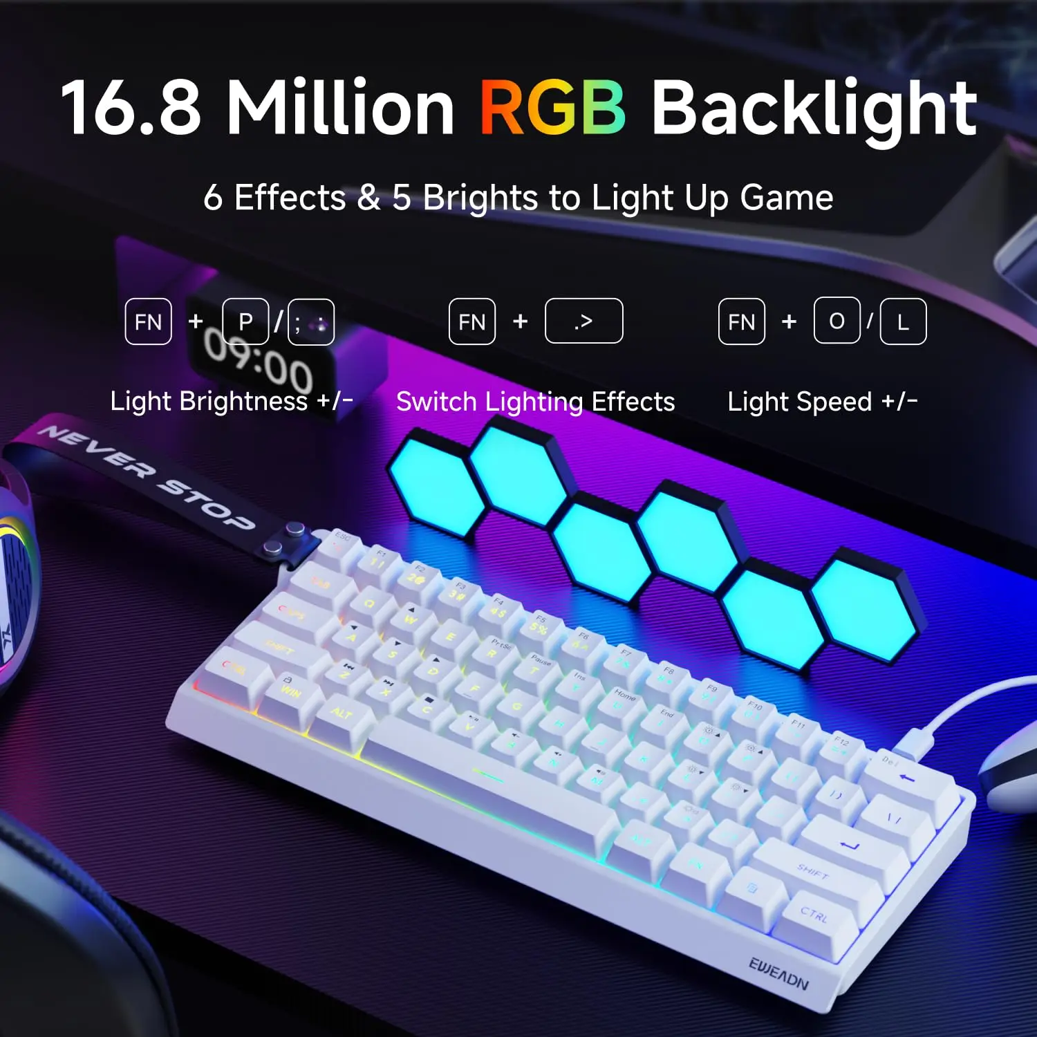 EWEADN F61 لوحة مفاتيح مكتب لاسلكية صامتة 61% تخطيط RGB تصميم مريح بطارية 2000 مللي أمبير في الساعة لوحة مفاتيح اتصال ثلاثية الأوضاع