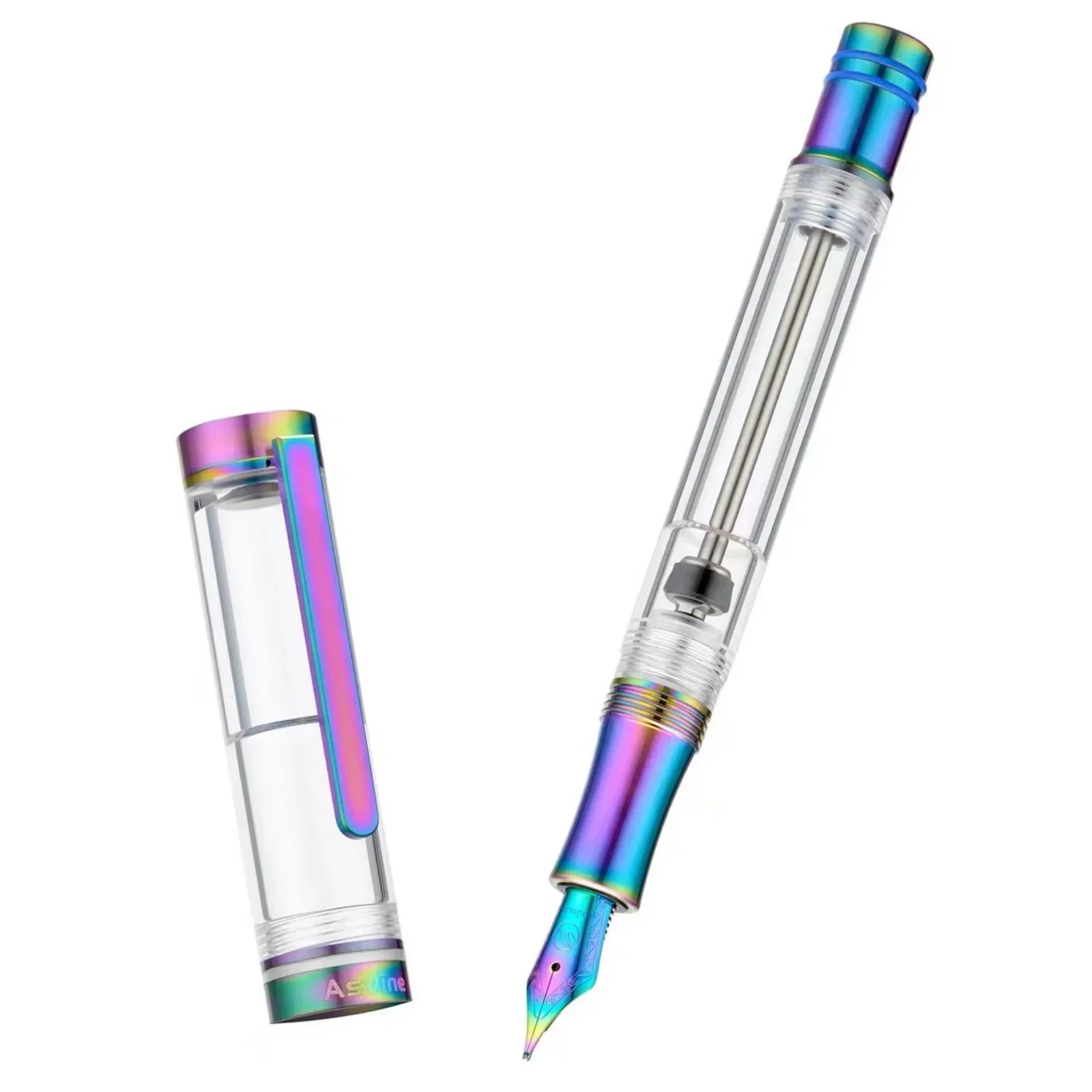 Asvine V200 Rainbow Titanium Fountain Pen Vacuum Filling, EF/F/M Nib Clear Transparent Acrylic Smooth Writing Pen