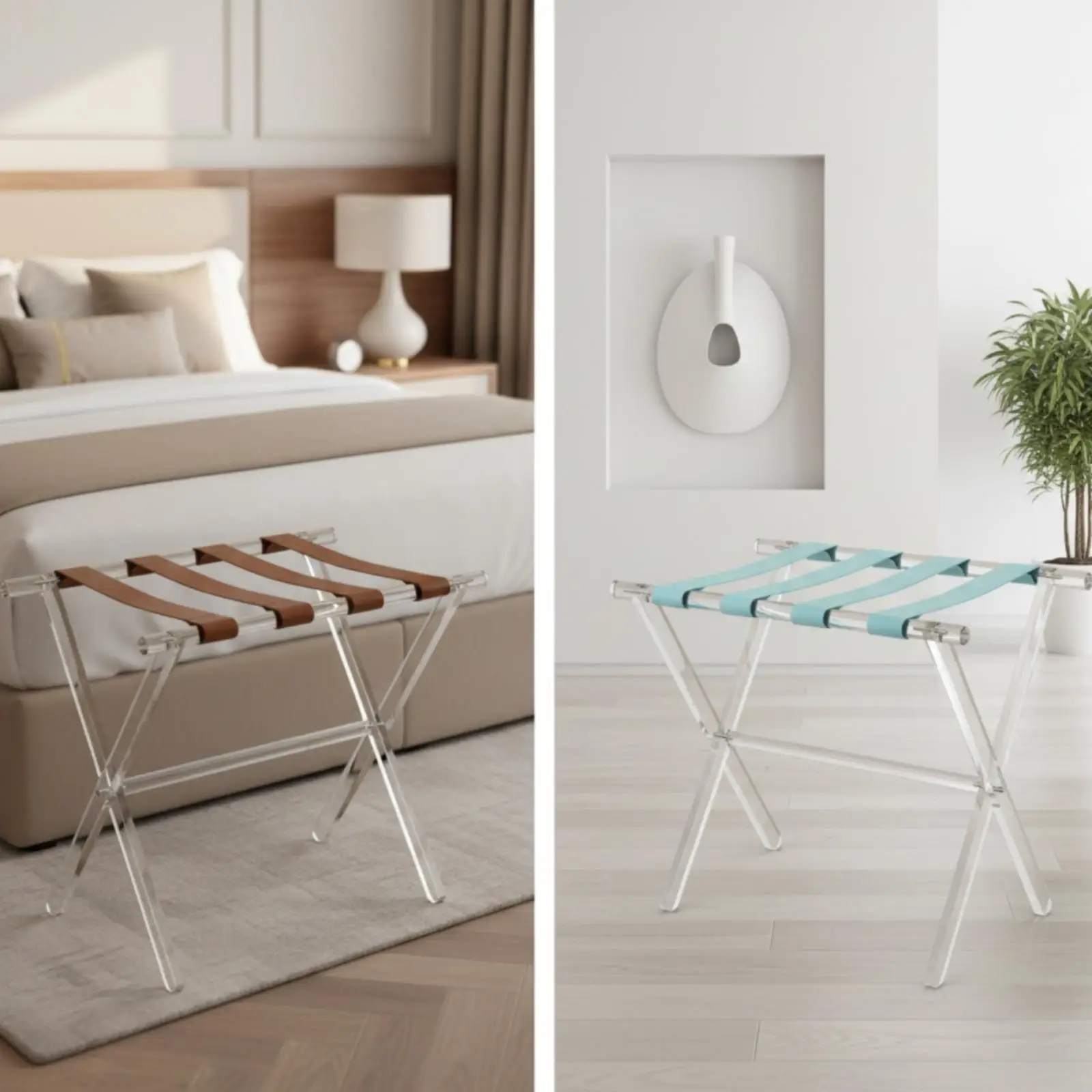 porte-valises-pliable-en-acrylique-et-cuir-avec-pieds-en-forme-de-x-pour-support-de-valise-et-rangement-en-chambre-d'hotel