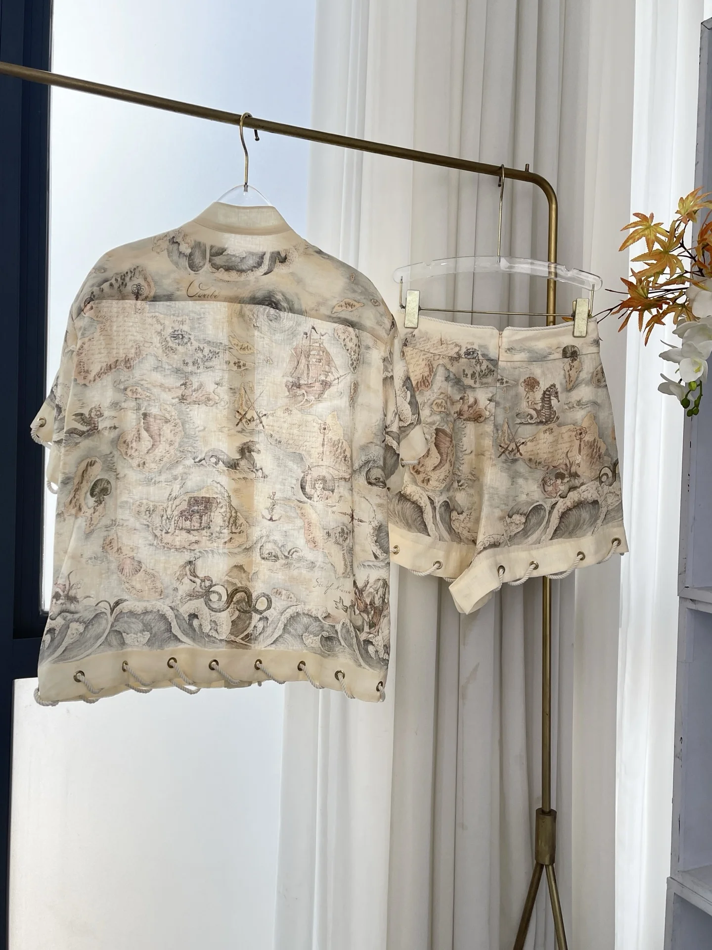 

Beige Navigation Waves Print Short Sleeve Blouse Tops and Shorts Set New Design