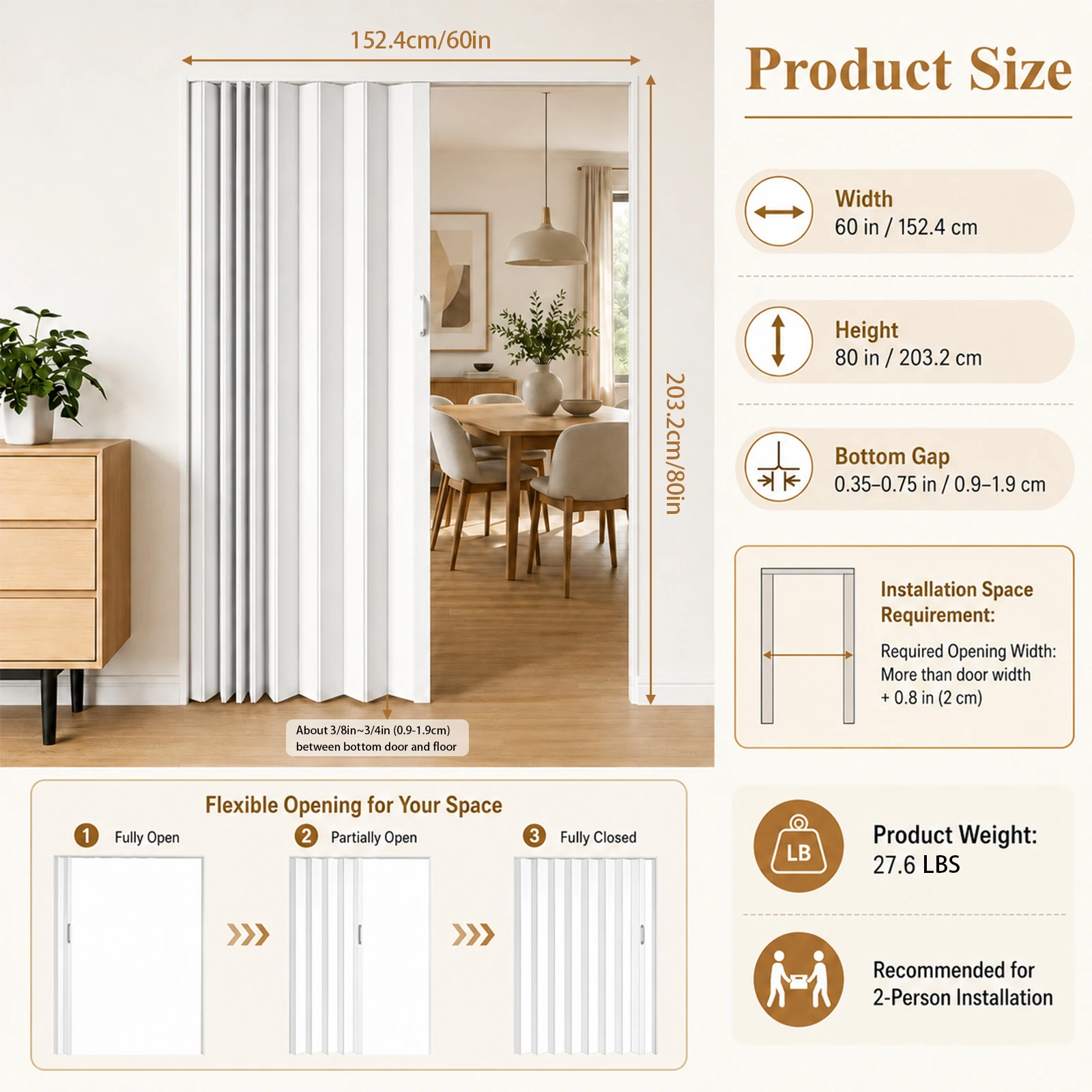 PVC Accordion Door 60x80 Inch, Folding Closet Doors with Hardware Kit, Space Sa…