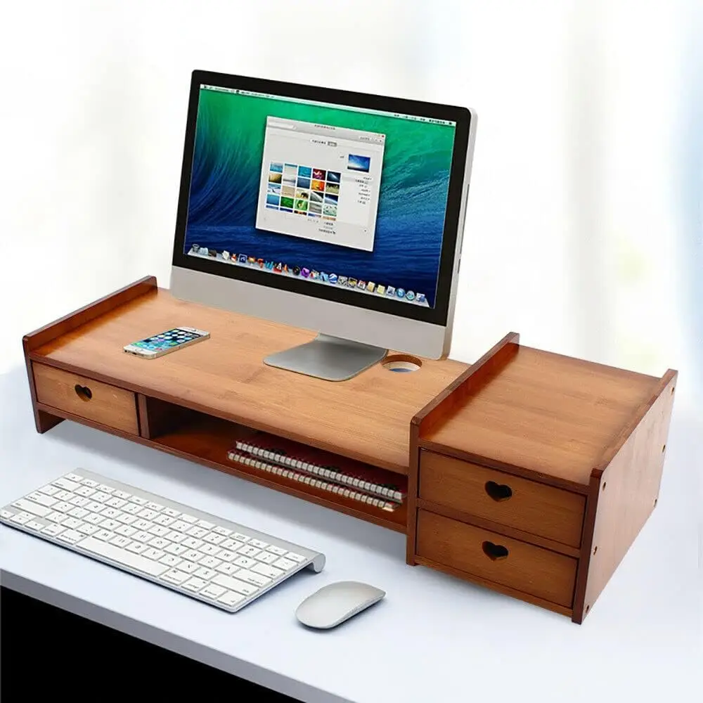 Monitor Stand Riser with 3 Drawers 2-Tier Bamboo Wood Computer Riser for Desk Home Office Desktop Stand Storage Organizer