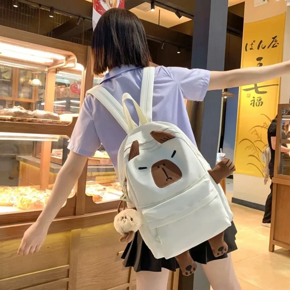 

Plush Doll Keychain Capybara Backpack Nylon Wide Straps Cartoon Animal Daypack Thickened Foldable Large Capacity School Bag Kids