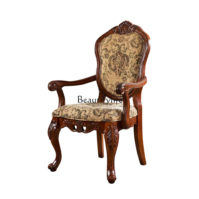 

LLAmerican solid wood carving flower dining chair study desk armrest back fabric casual sofa chair