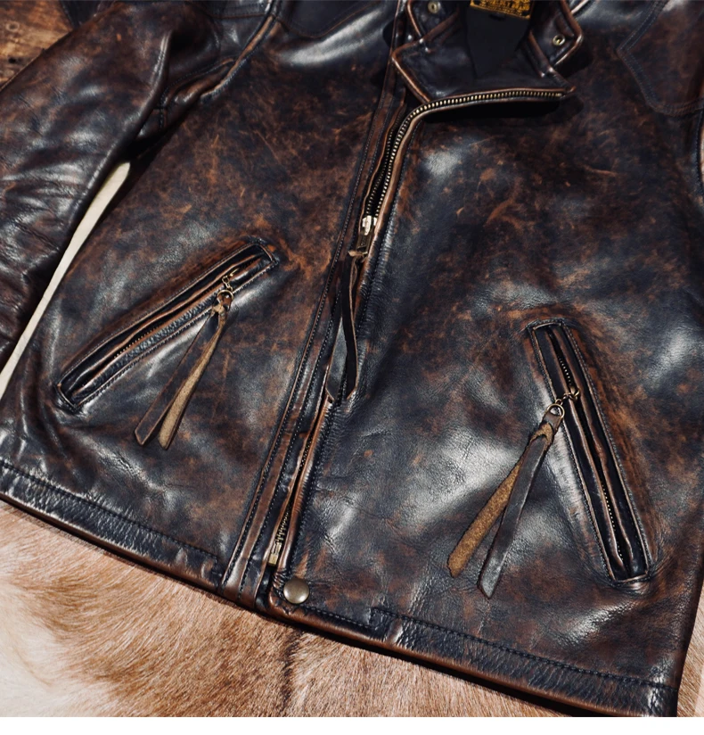 خياط براندو كلاسيكي R * L الحبوب الكاملة الخضار المدبوغة يدويا مخيط جلد البقر الرجال قطري البريدي سترة جلدية للدراجات النارية