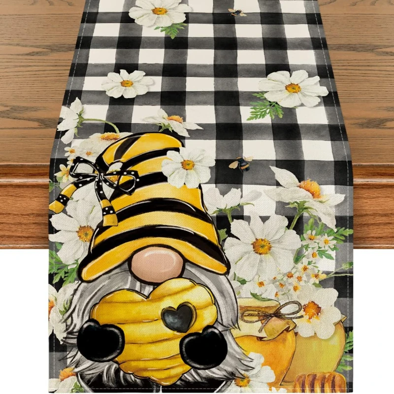 

Buffalo Plaid Gnome Honey Rectangle Linen Table Runner Kitchen Table Decoration Home Party Decor Table Runner