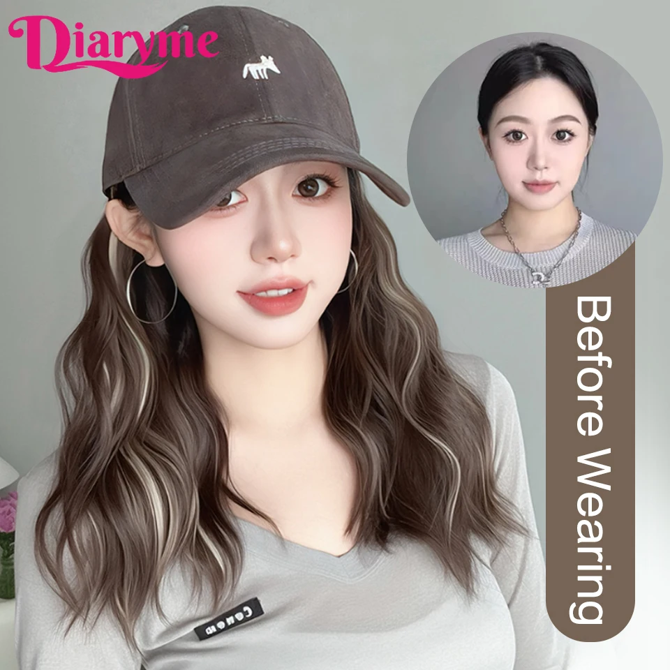 One-piece Cap wig Synthetic Short Water Wavy Wigs With Baseball Hat Brown Highlights Blonde Hair Connet adjustable Baseball cap