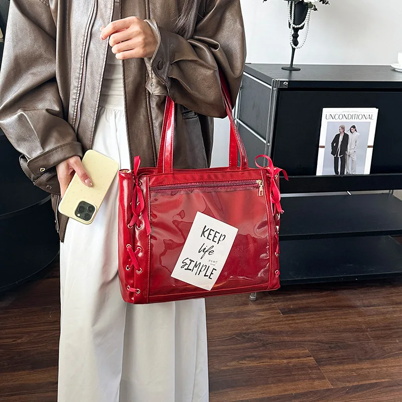 Japanese Popular Ribbon Lta Bag Bow Cute Large Capacity Splicing Transparent Fashion Single Shoulder Portable Tote Bag for Women - view 3