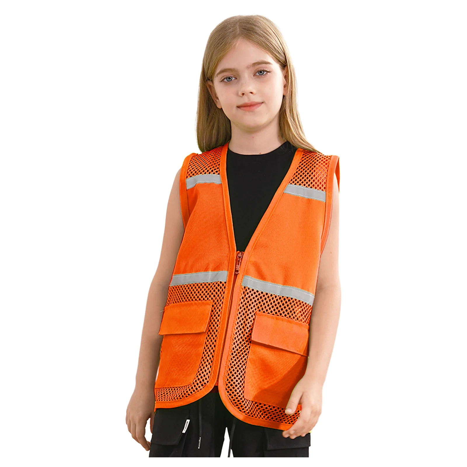 Kids Boys Girls Safety Vest High Visibility Reflective Hollow Out Mesh Patchwork Volunteer Vest School Camp Activities Uniform